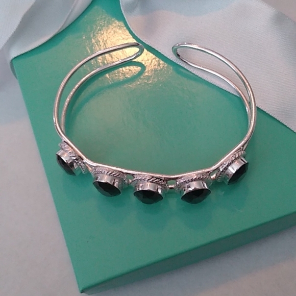 Black Spinel + Sterling Silver 925 Bangle Bracelet - Picture 5 of 7